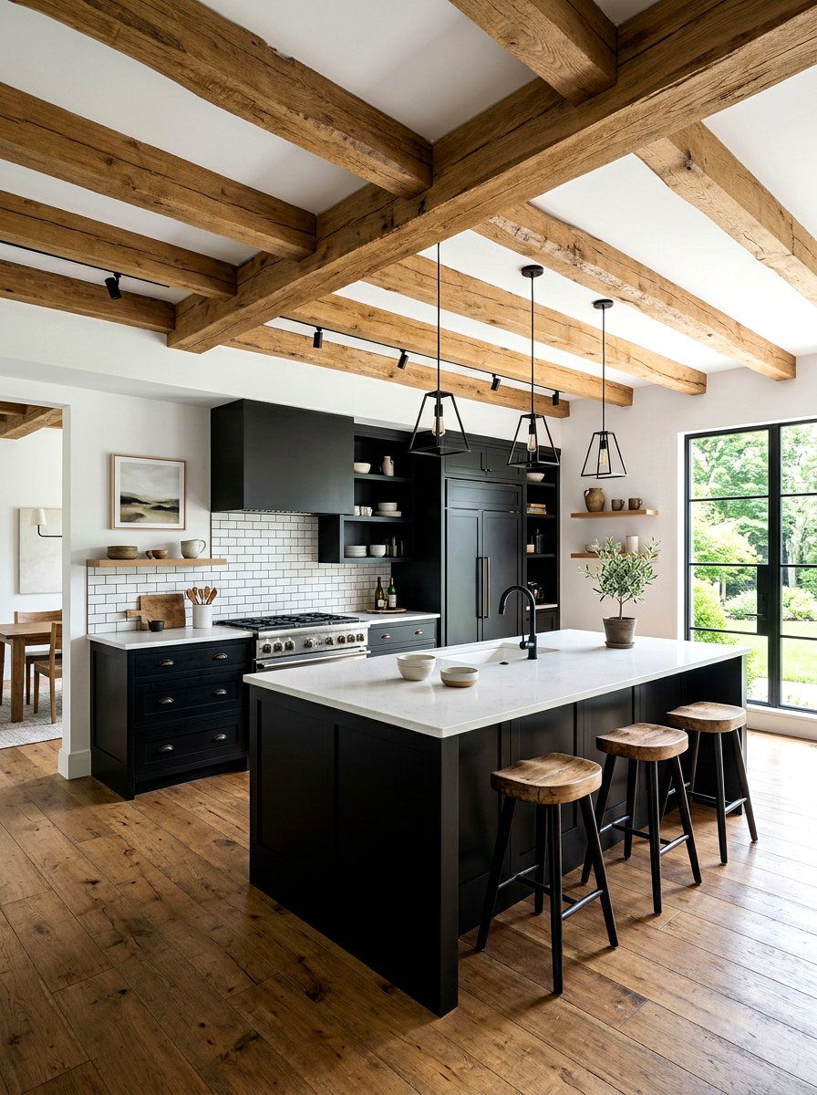 Black Kitchen with Wood Beam Ceiling - 30 black kitchen ideas