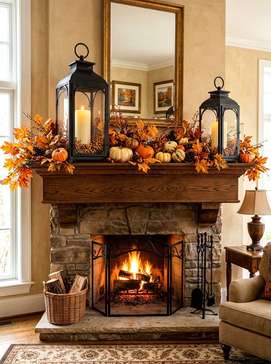 Black Lantern Focal Point - 30 fall mantel layering ideas