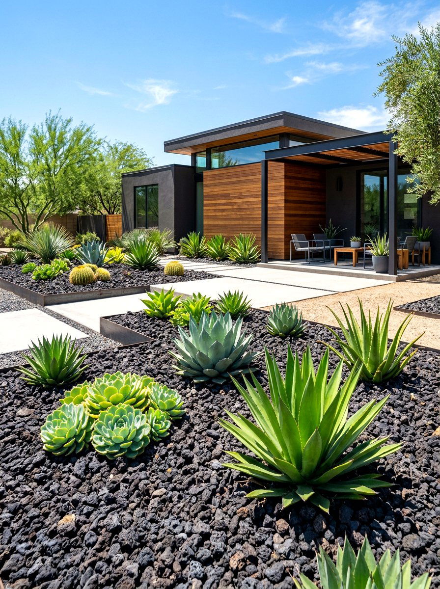 Black Lava Rock Garden - 30 rock mulch front yard ideas
