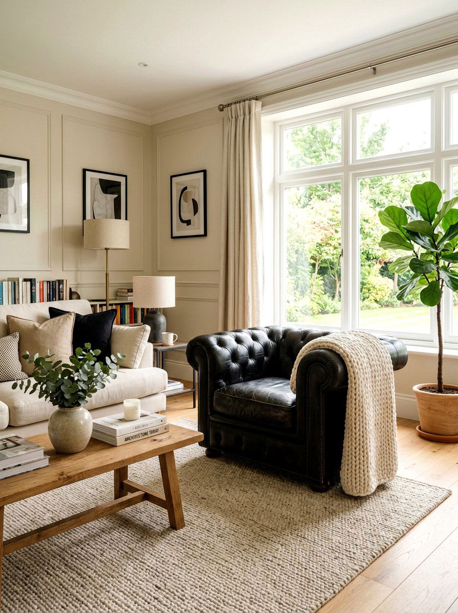Black Leather Armchair in Cream Space - 30 black and cream living room ideas