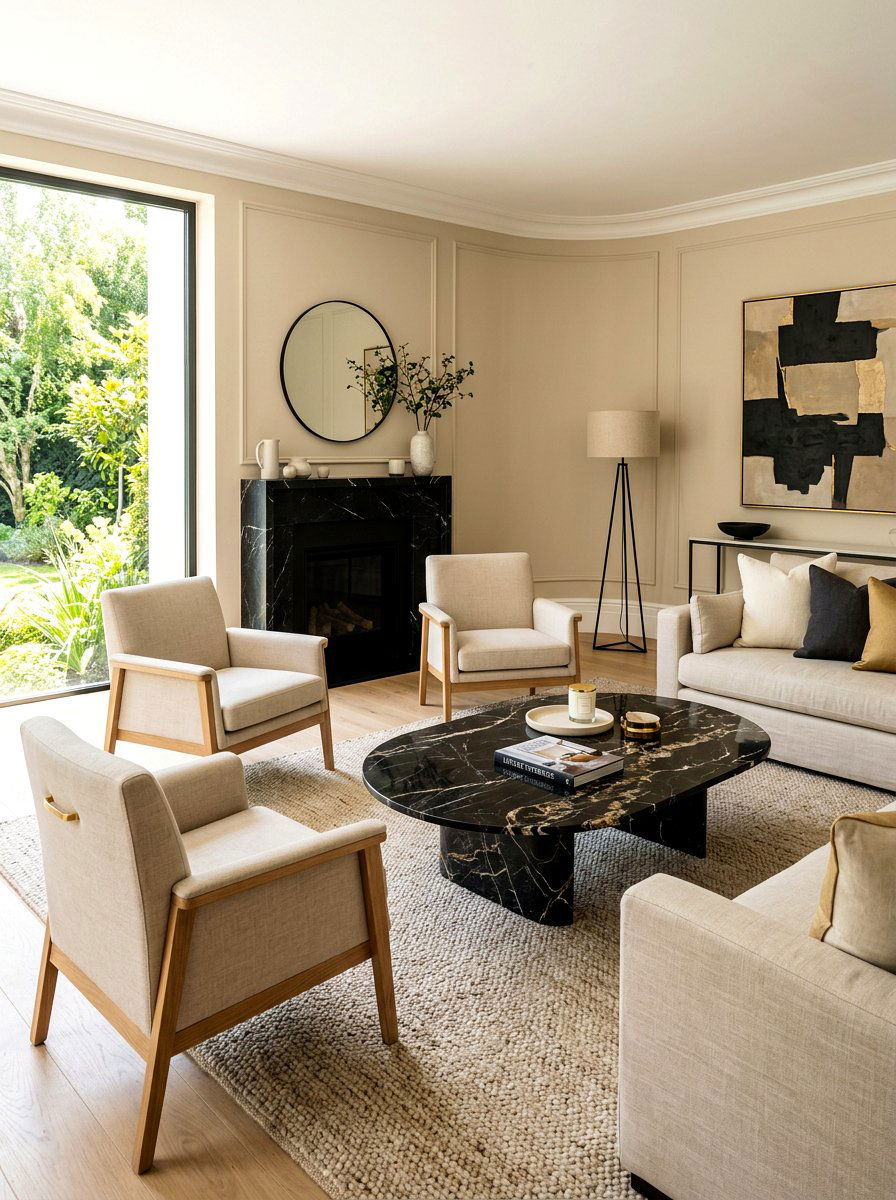 Black Marble Accents In Beige Living Room - 30 black and beige living room ideas