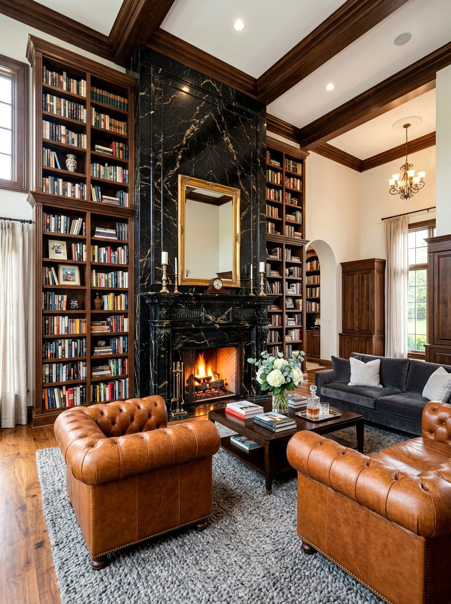 Black Marble Fireplace - 30 moody hotel lobby living room ideas