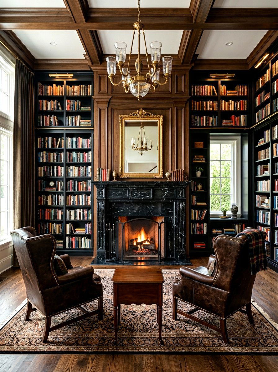 Black Marble Fireplace Library - 30 moody home library ideas