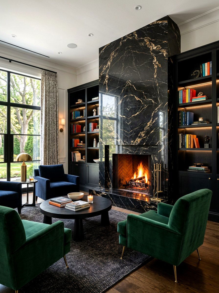 Black Marble Fireplace Lounge - 30 moody lounge room ideas