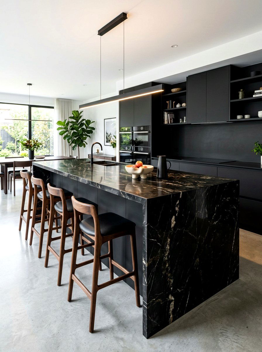 Black Marble Kitchen Island - 30 moody lamp lit kitchen ideas