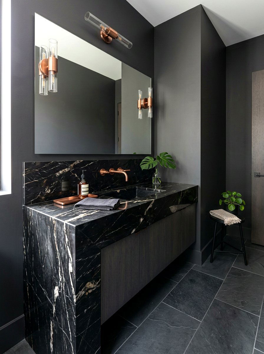 Black Marble Vanity - 30 dark powder room ideas