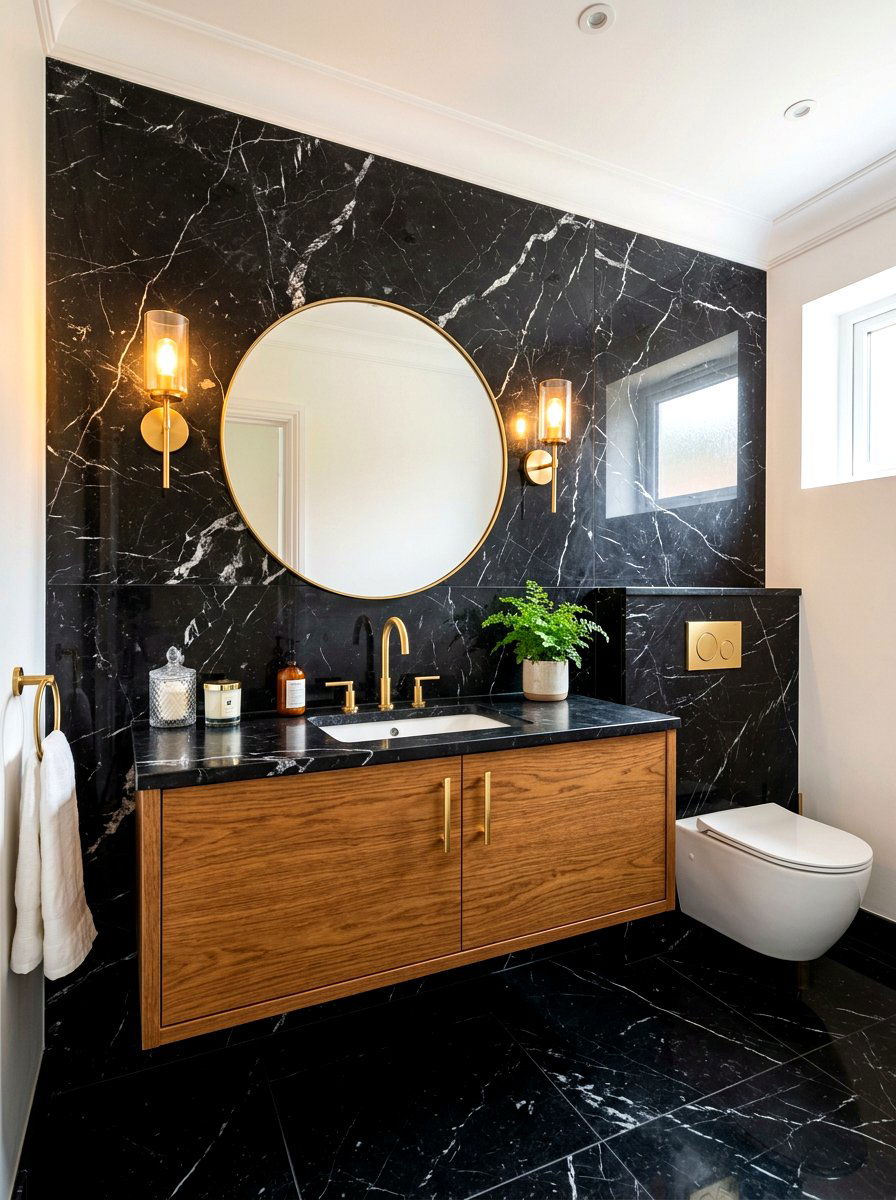 Black Marble Wall Powder Room - 30 boutique hotel powder room ideas
