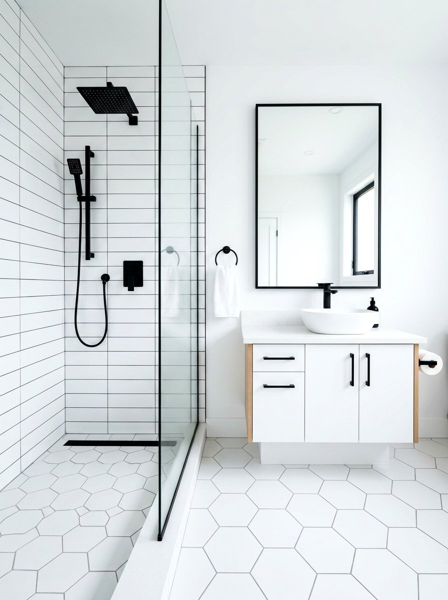 Black Matte Hardware - 30 tiny house bathroom ideas