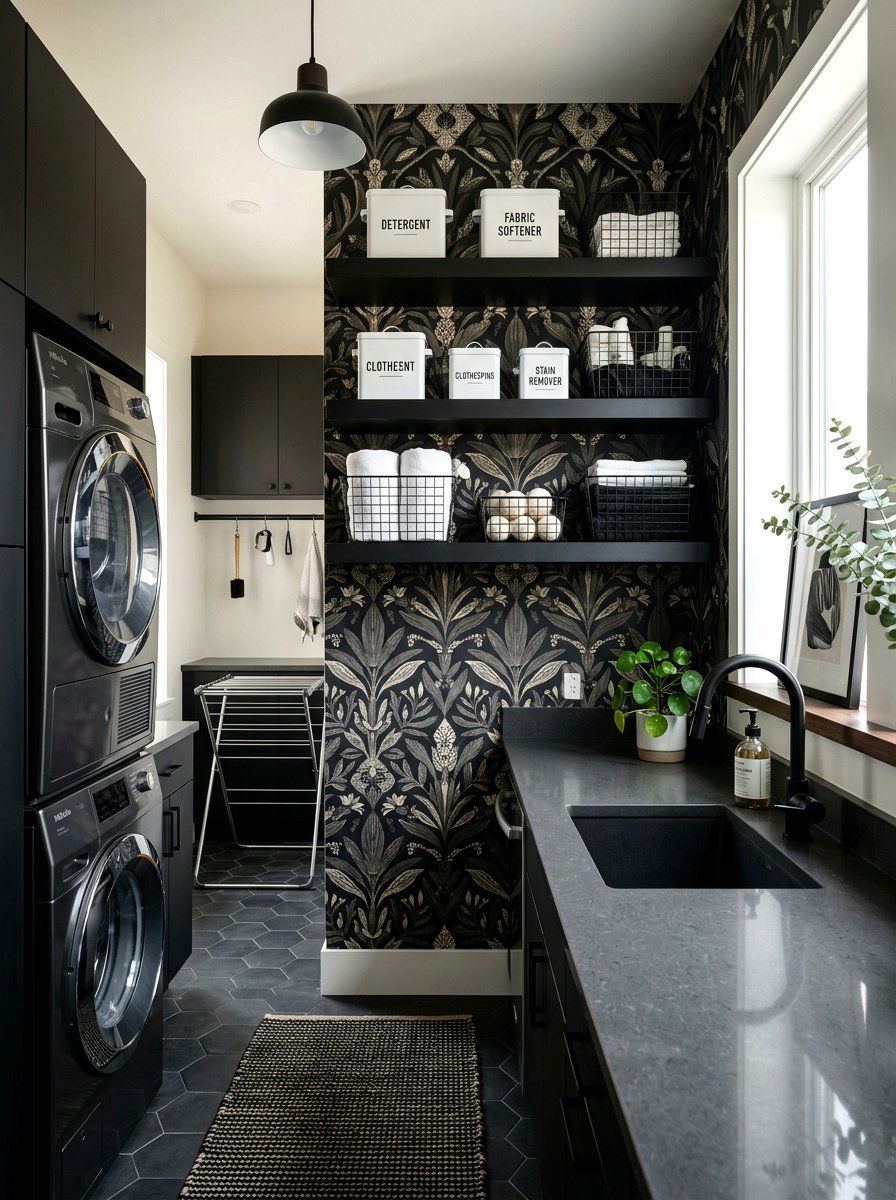 Black Matte Shelves - 30 laundry room shelf ideas