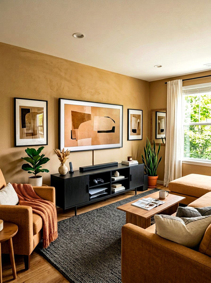 Black Media Console In Beige Living Room - 30 black and beige living room ideas