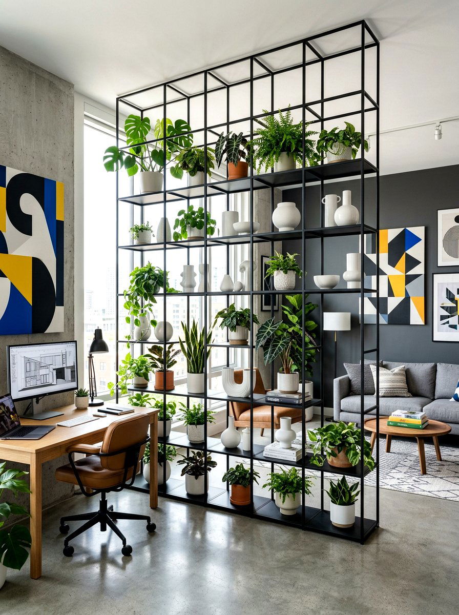 Black Metal Etagere - 30 studio apartment divider shelf ideas