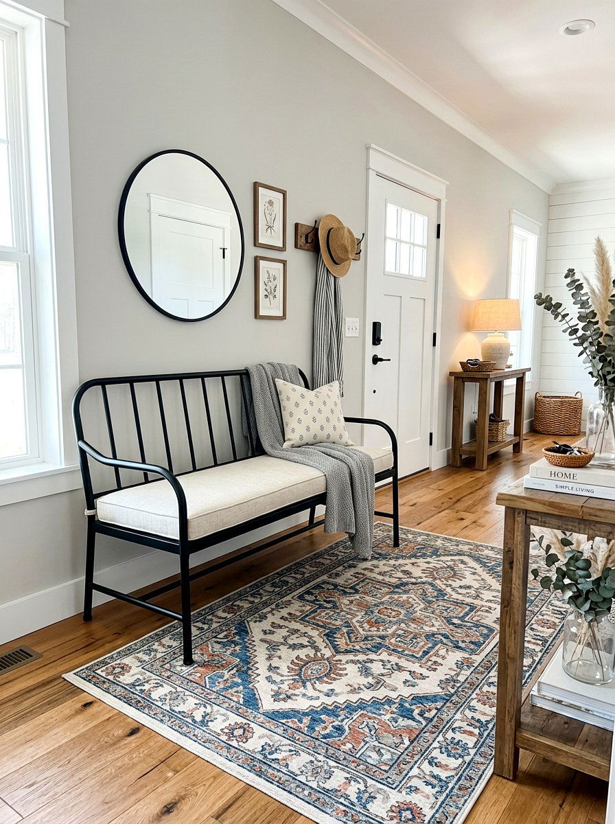 Black Metal Farmhouse Bench - 30 farmhouse entryway bench ideas