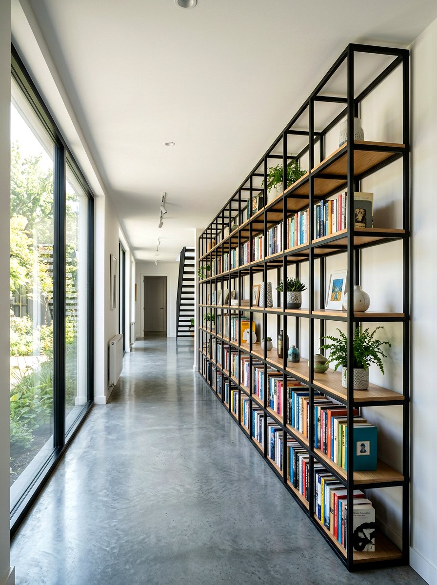 Black Metal Frame Bookshelf - 30 hallway bookshelf ideas