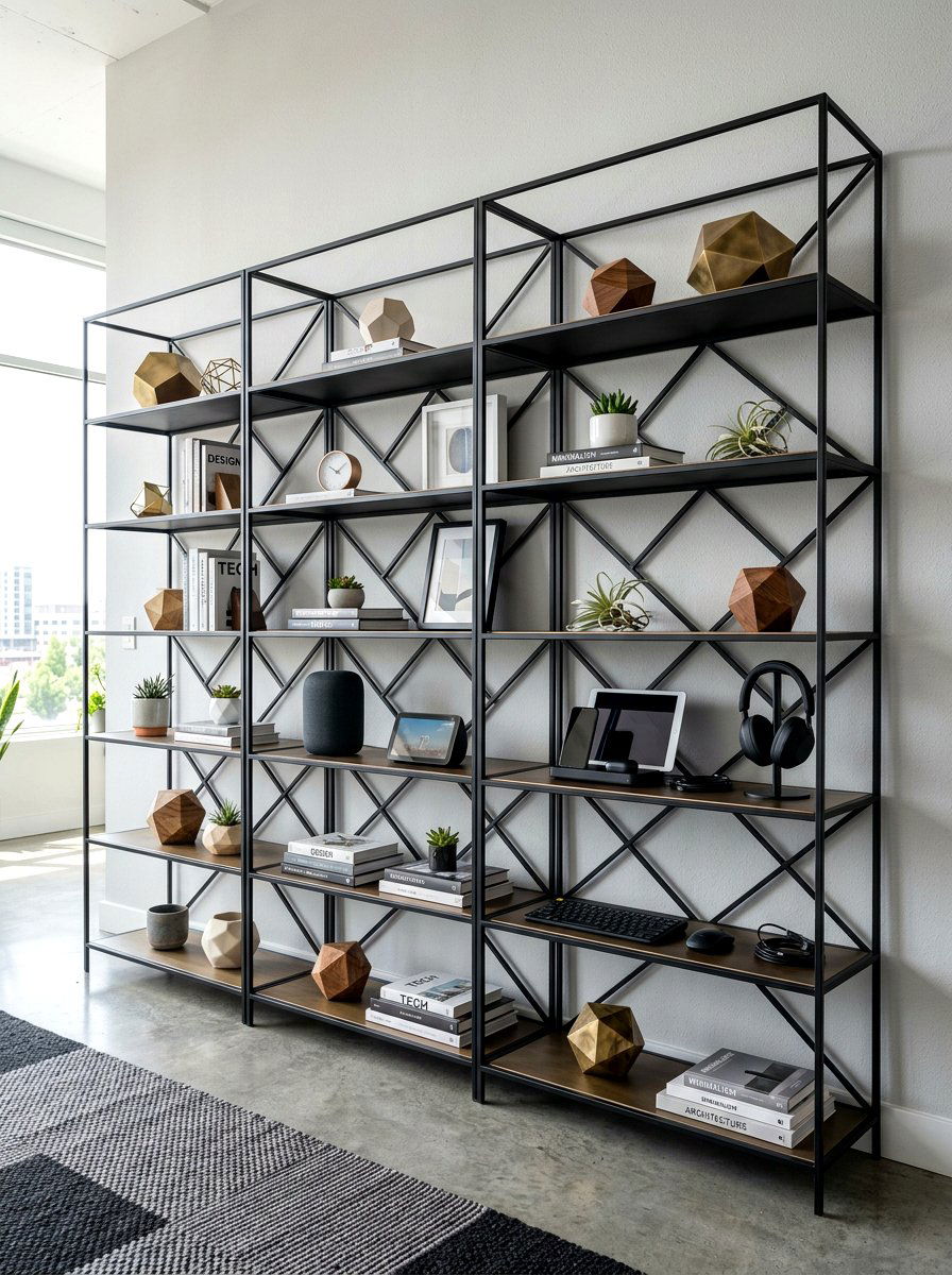 Black Metal Frame Shelving - 30 office backdrop shelf ideas