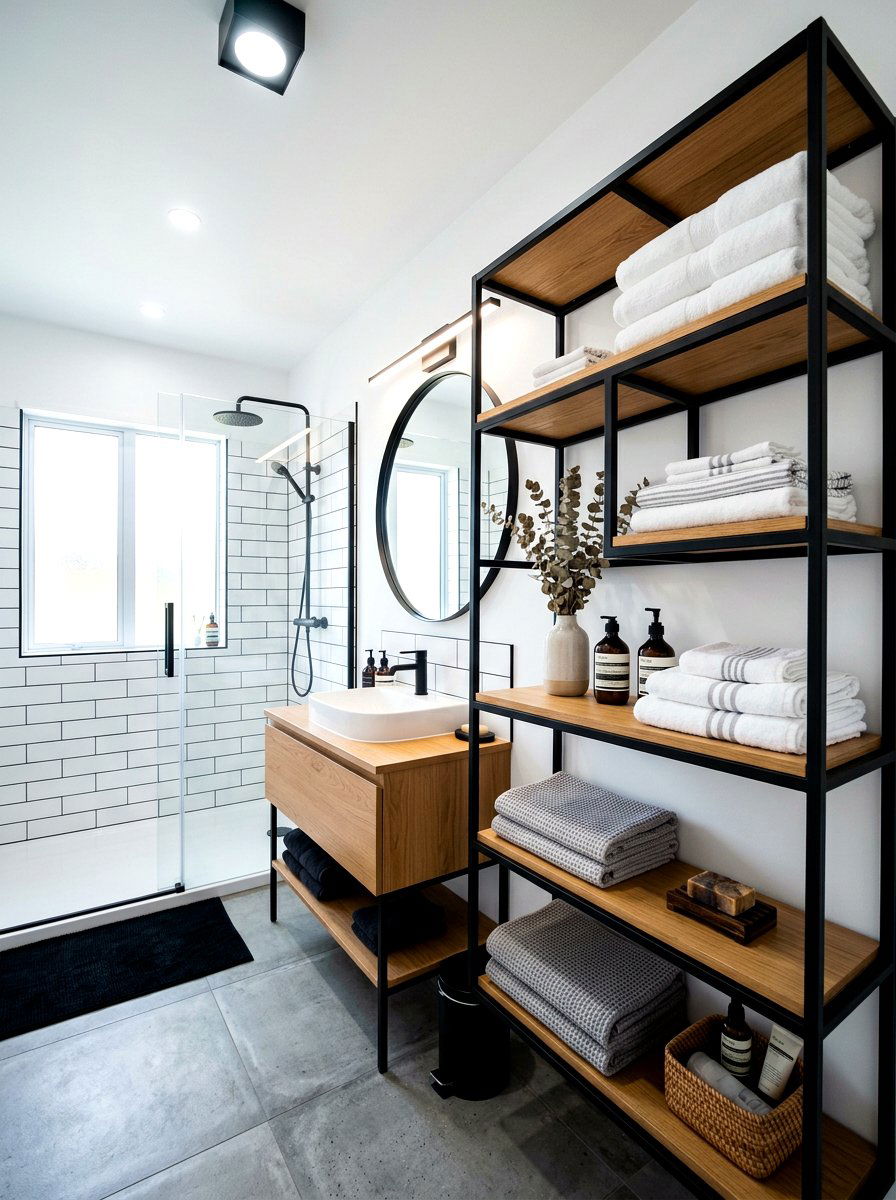 Black Metal Frame Shelving - 30 bathroom linen shelf ideas