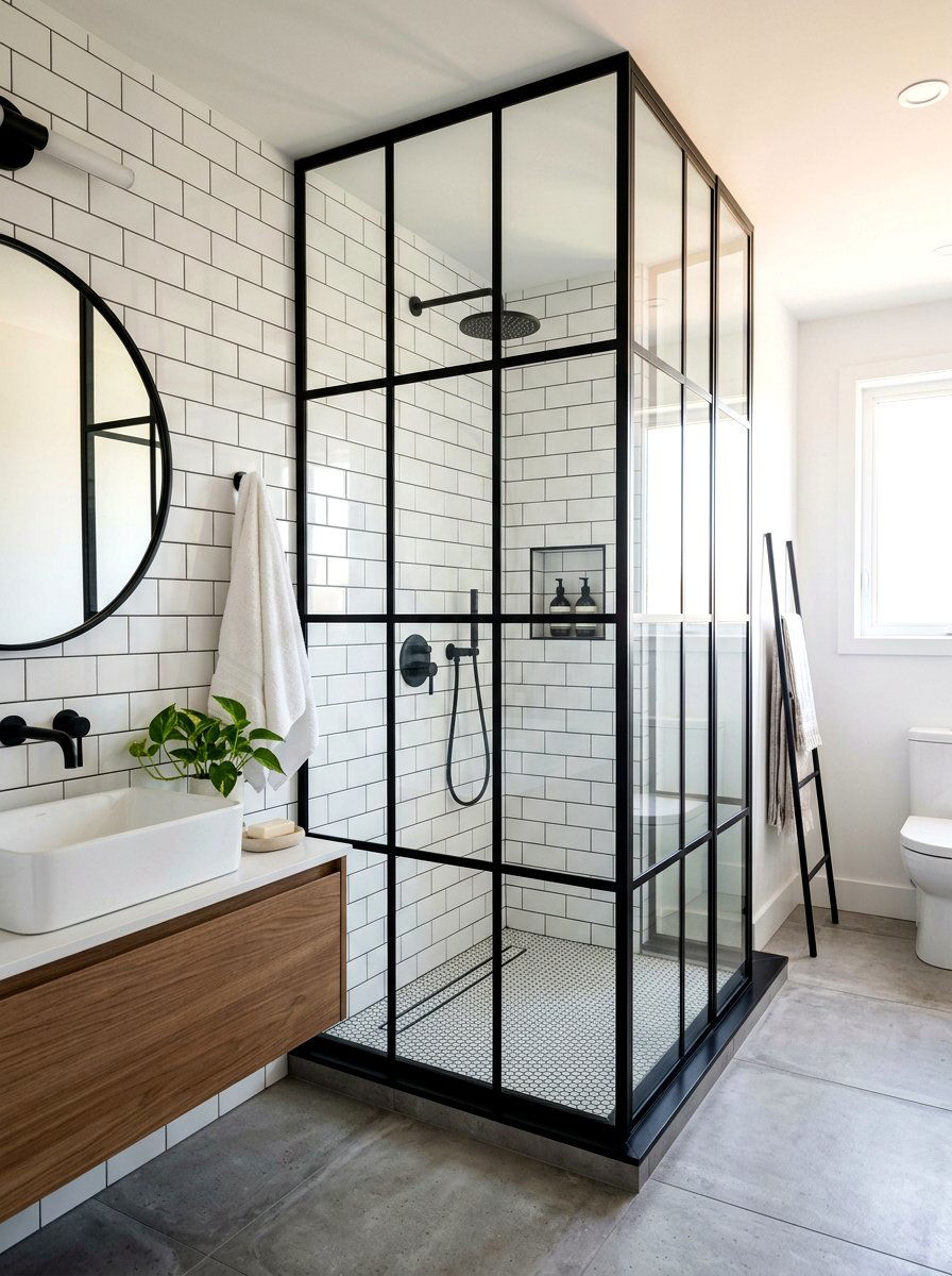 Black Metal Glass Partition - 30 black bathroom ideas