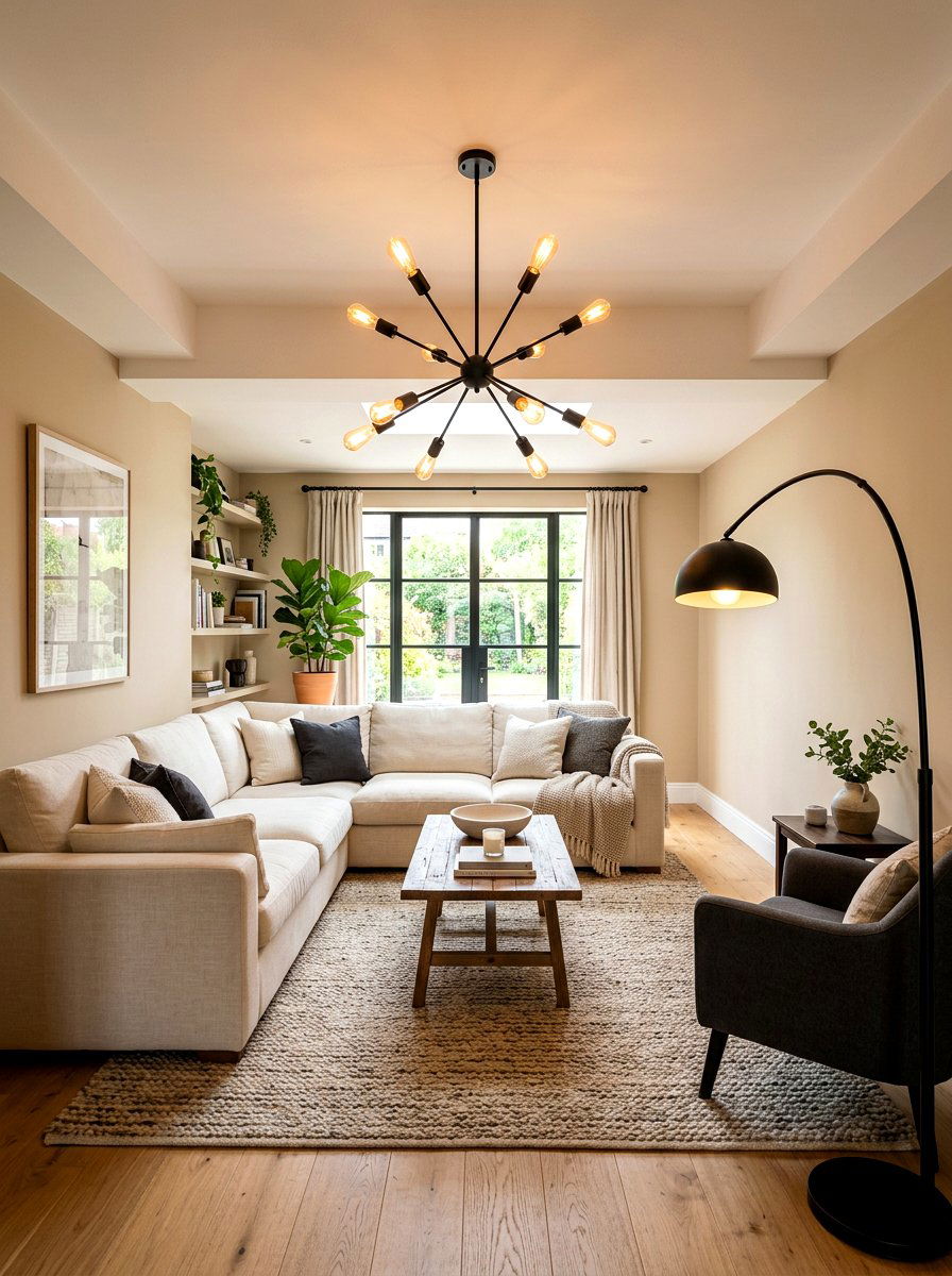Black Metal Lighting In Beige Living Room - 30 black and beige living room ideas