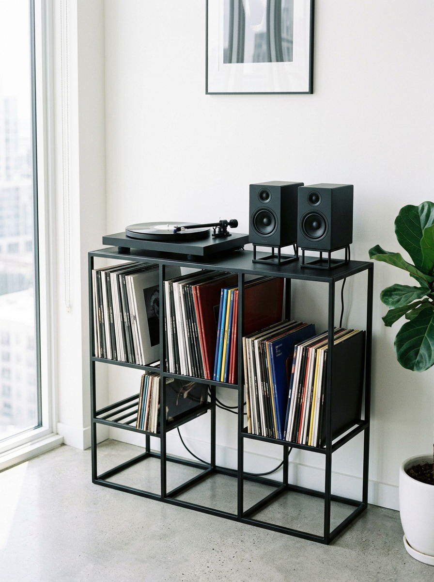 Black Metal Minimalist Record Rack - 30 vinyl listening corner ideas