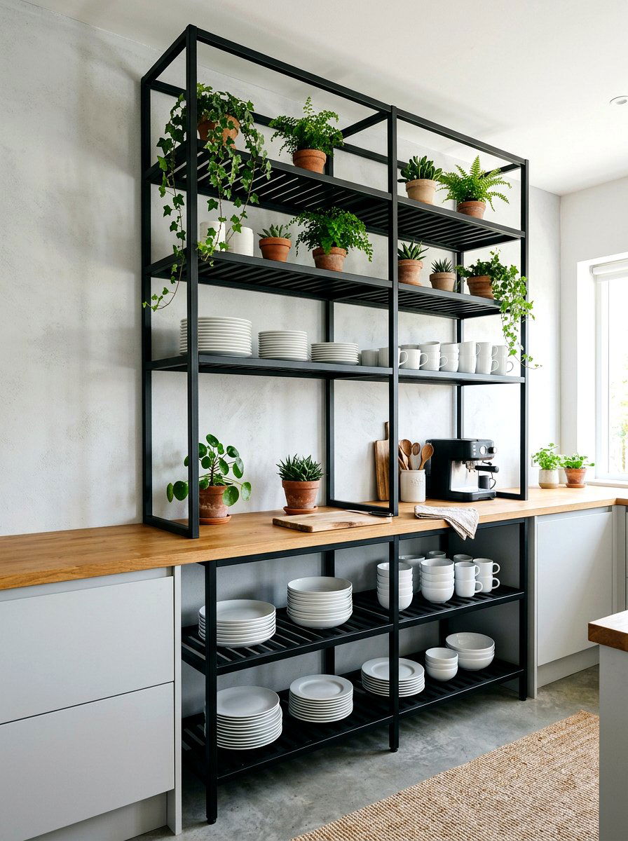 Black Metal Open Shelving - 30 kitchen open shelf styling ideas
