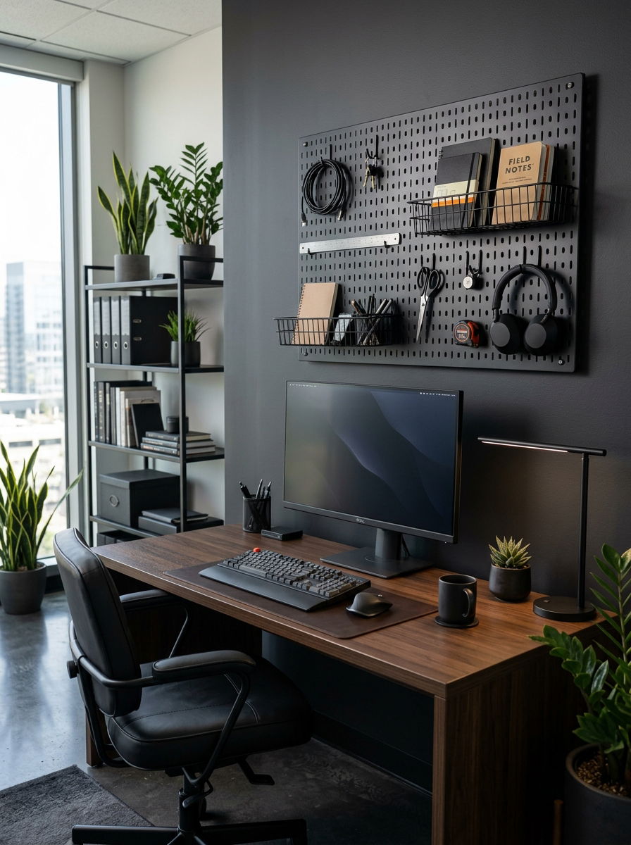 Black Metal Pegboard - 30 office pegboard ideas