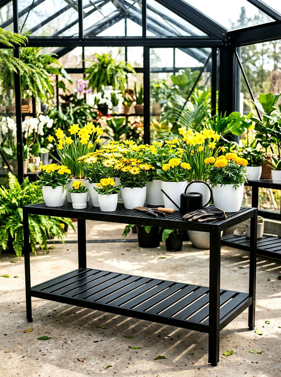 Black Metal Potting Bench - 30 greenhouse potting bench ideas