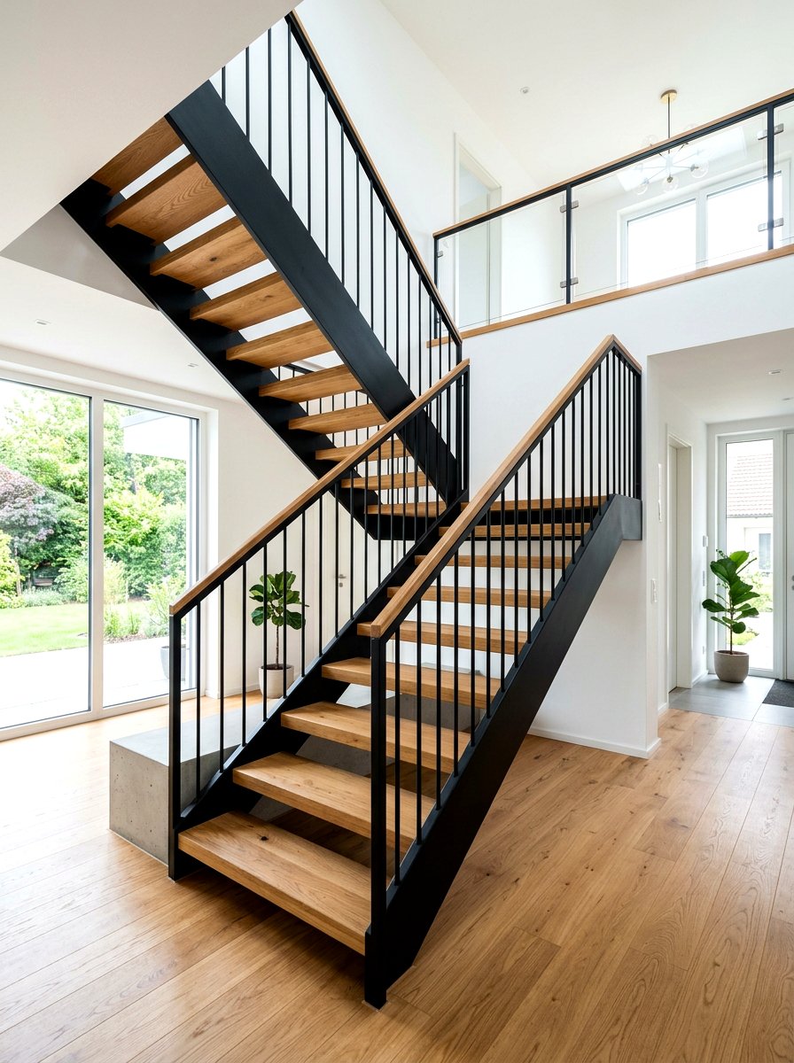 Black Metal Staircase Wood Treads - 30 black and wood decor ideas