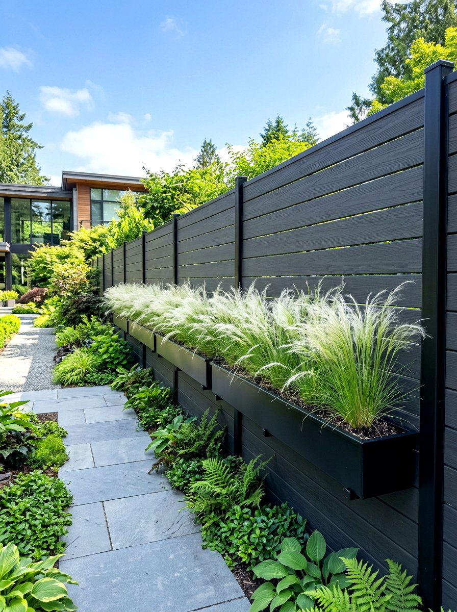 Black Metal Trough - 30 fence planter ideas