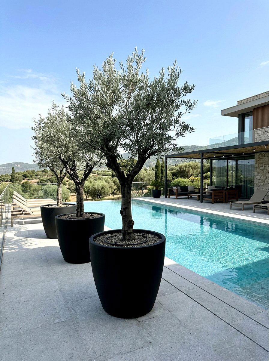 Black Minimalist Pots - 30 potted olive backyard ideas