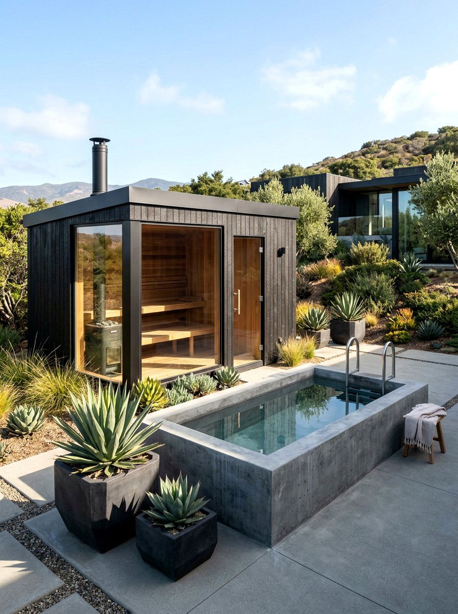 Black Minimalist Sauna Cold Plunge - 30 sauna patio retreat ideas