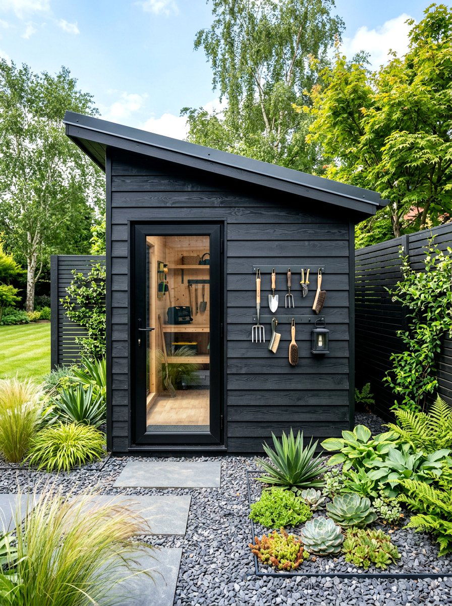 Black Modern Lean To - 30 backyard workshop shed ideas