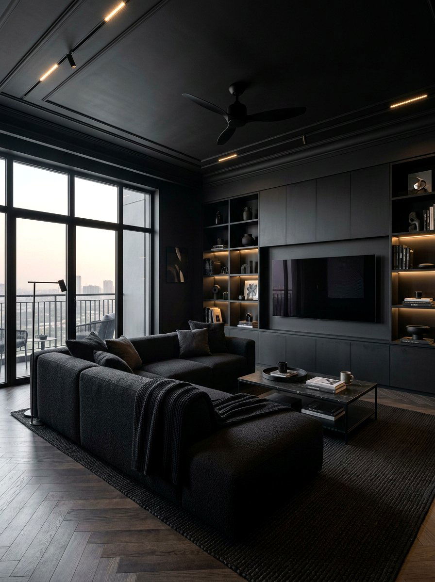 Black Monochromatic Living Room - 30 moody lounge room ideas