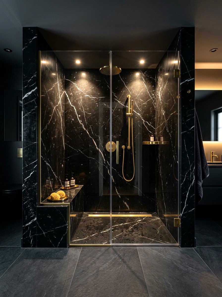 Black Nero Marquina Shower - 30 stone slab shower wall ideas