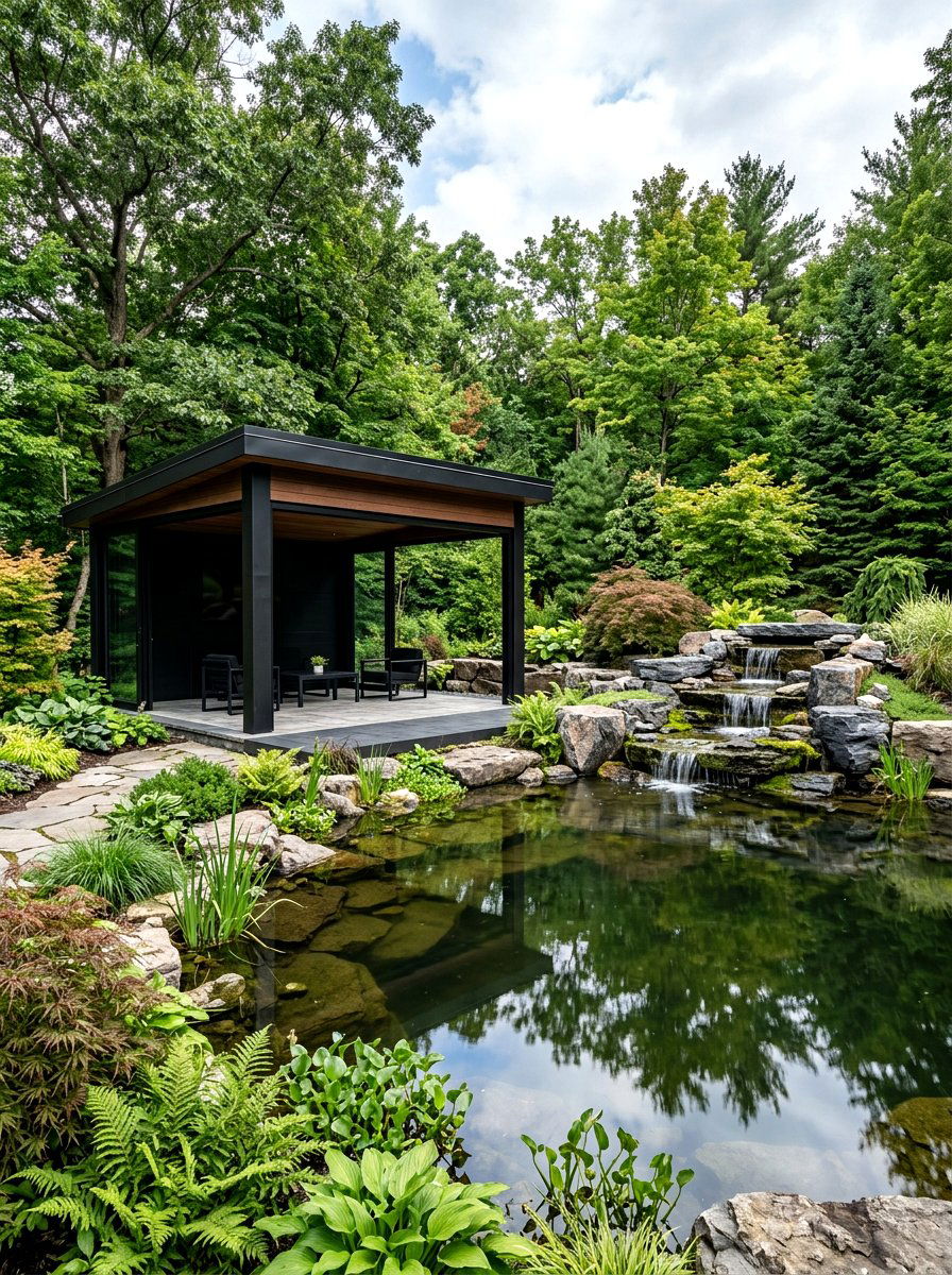Black Pavilion Near Water Feature - 30 black pavilion backyard ideas