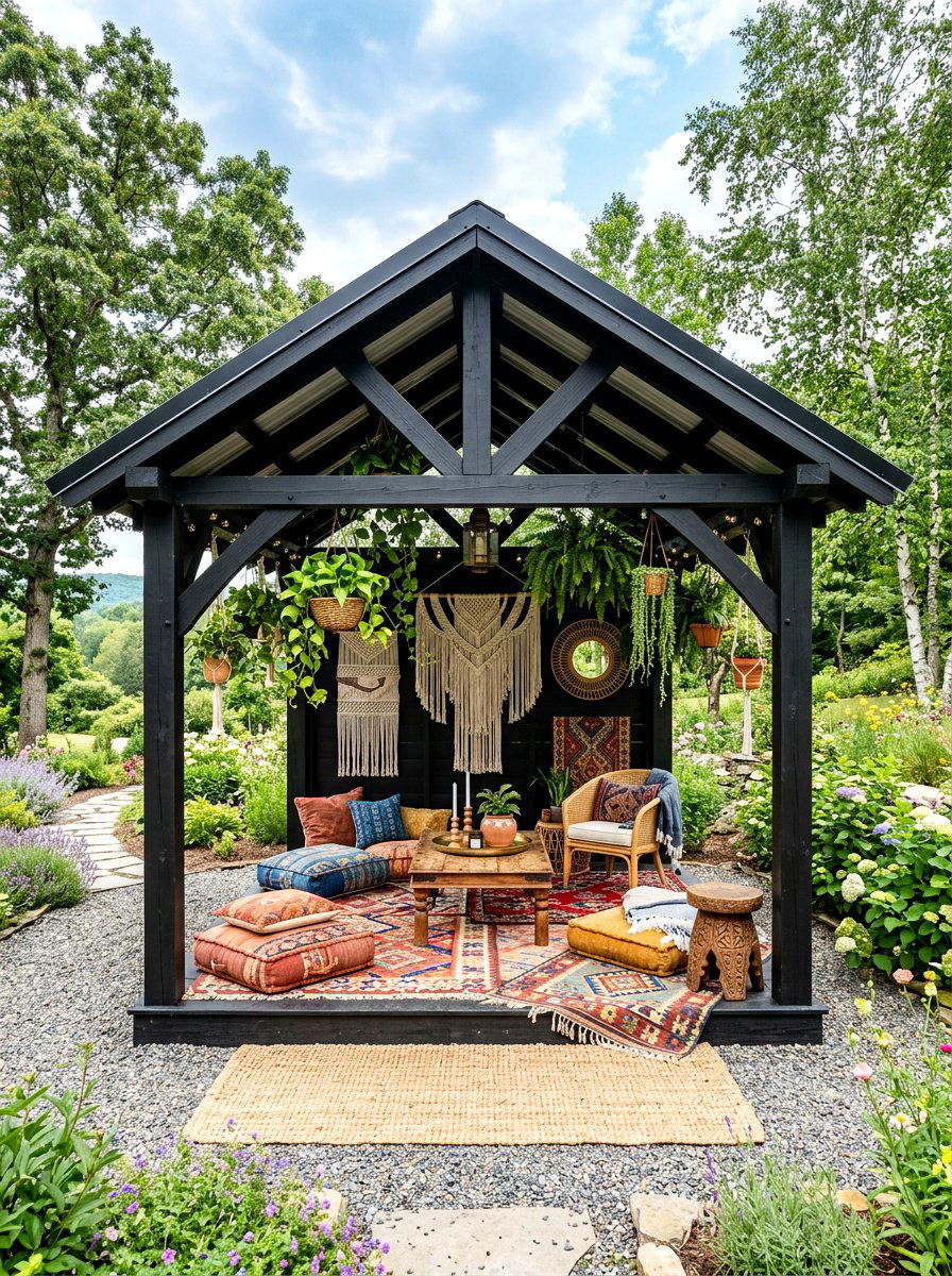 Black Pavilion With Boho Decor - 30 black pavilion backyard ideas