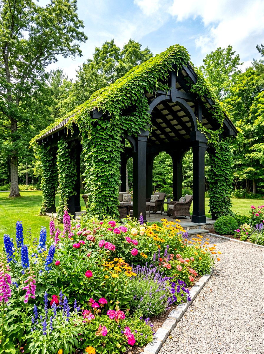 Black Pavilion With Climbing Plants - 30 black pavilion backyard ideas