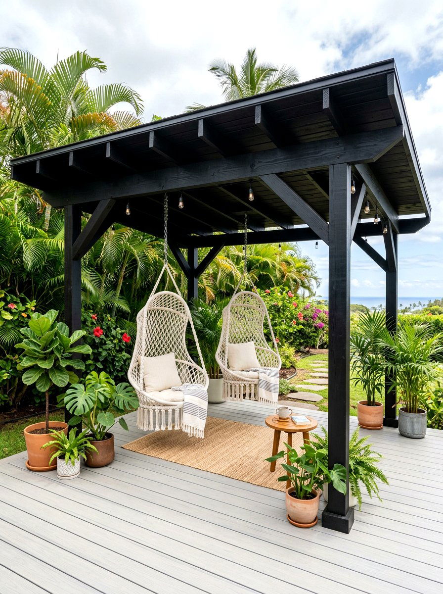 Black Pavilion With Hanging Chairs - 30 black pavilion backyard ideas