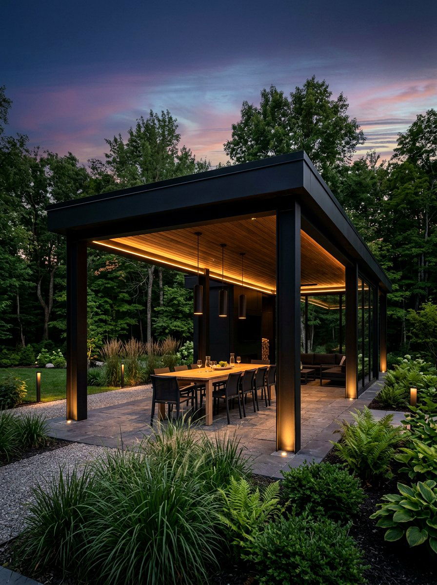 Black Pavilion With Modern Lighting - 30 black pavilion backyard ideas