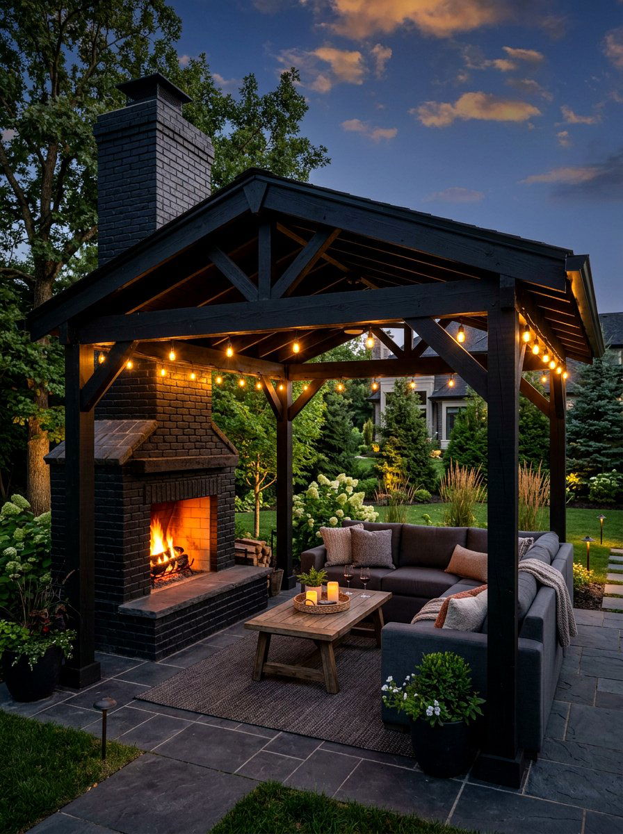 Black Pavilion With Outdoor Fireplace - 30 black pavilion backyard ideas