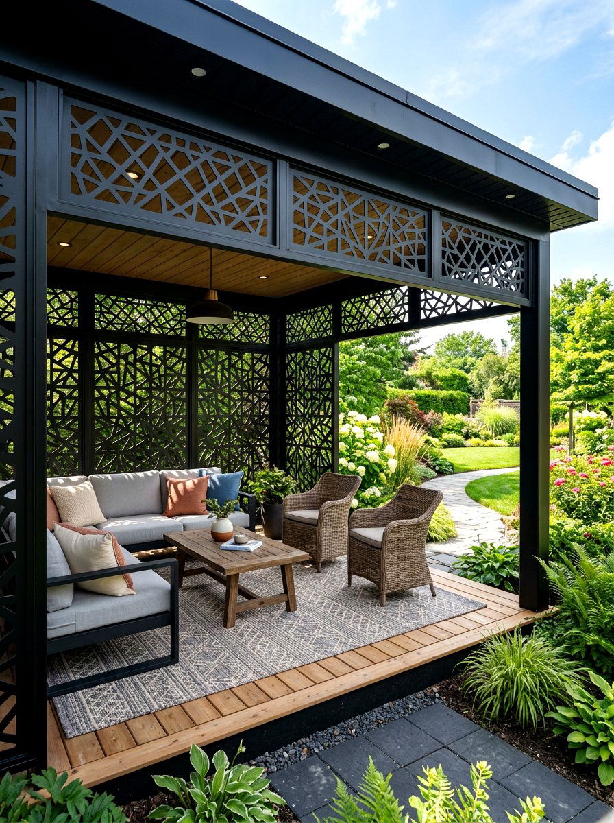Black Pavilion With Privacy Screen - 30 black pavilion backyard ideas