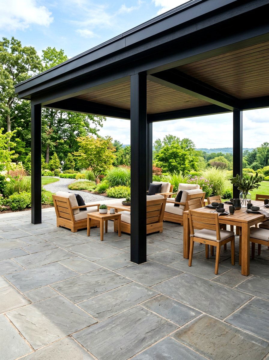 Black Pavilion With Stone Floor - 30 black pavilion backyard ideas
