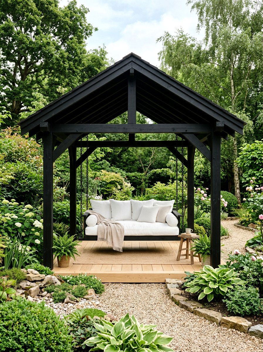 Black Pavilion With Swing Bed - 30 black pavilion backyard ideas