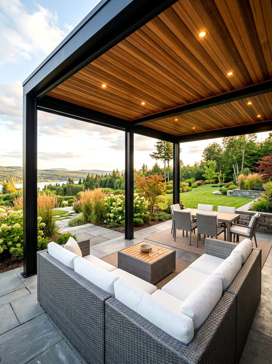 Black Pavilion With Wood Slat Ceiling - 30 black pavilion backyard ideas