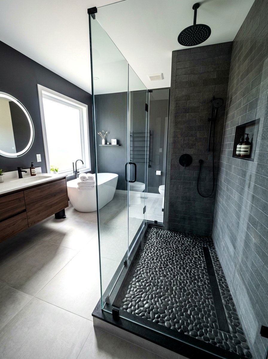 Black Pebble Floor Shower - 30 black bathroom ideas