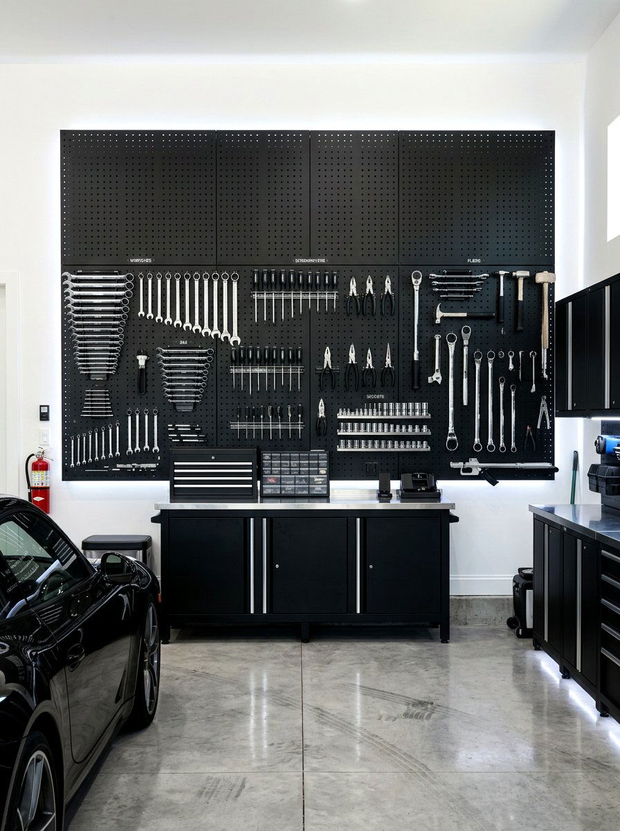 Black Pegboard Wall - 30 garage pegboard ideas