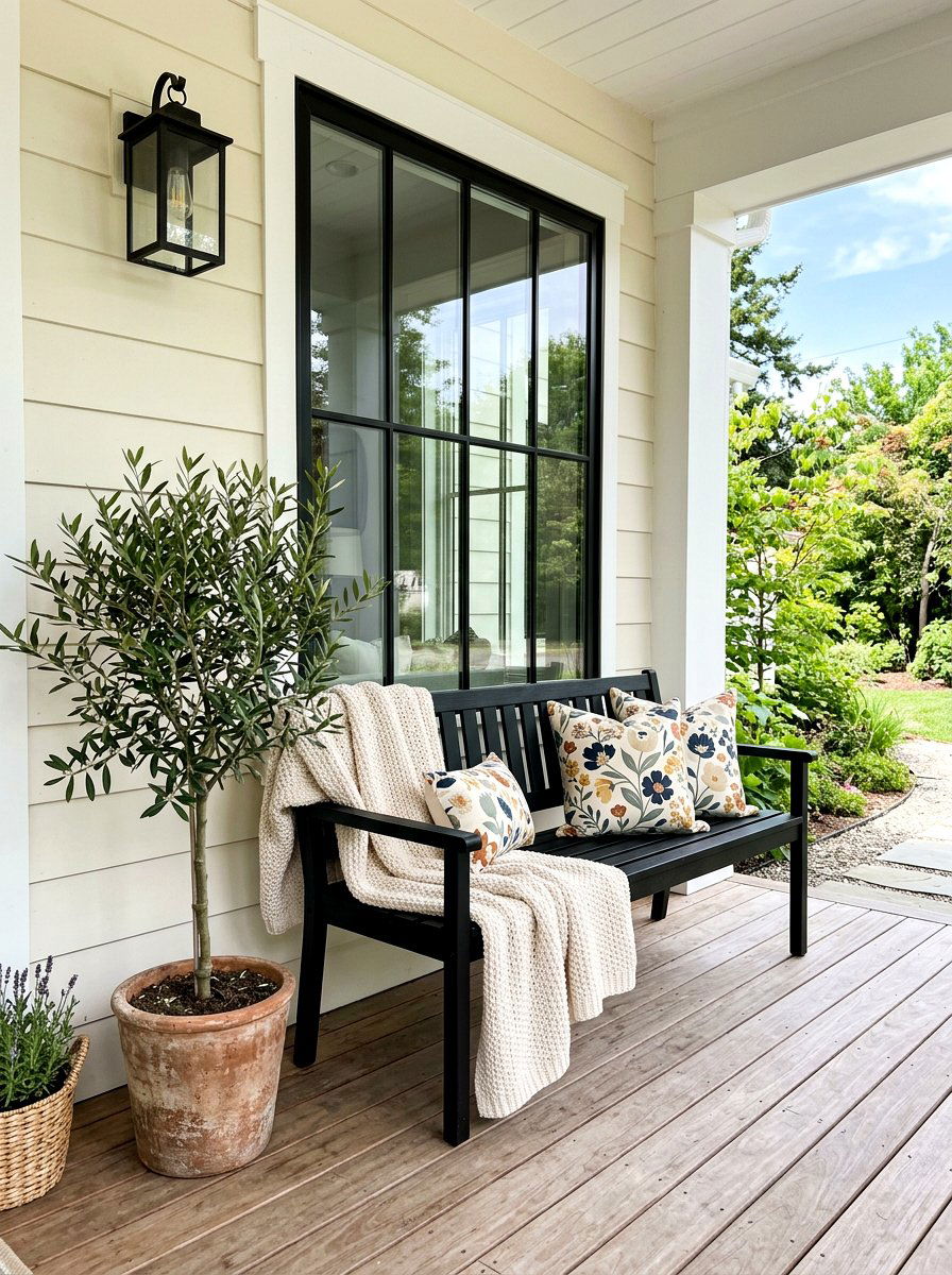 Black Porch Bench - 30 front porch spring refresh ideas