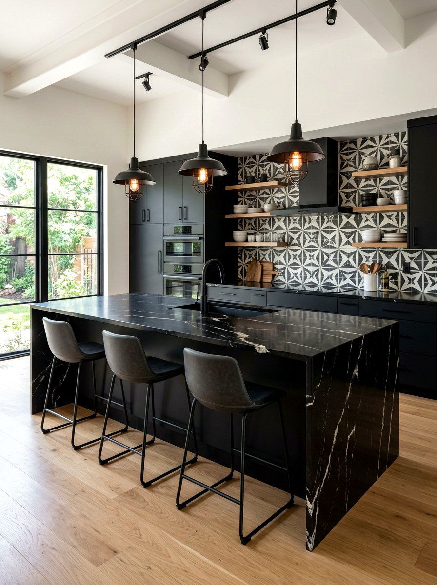 Black Quartz Waterfall Edge - 30 waterfall countertop ideas
