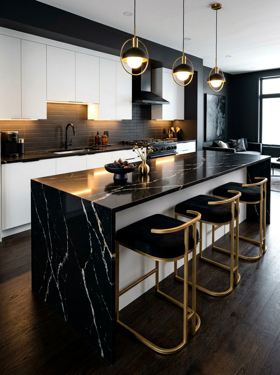 Black Quartz Waterfall Island Bar Stools - 30 waterfall island seating ideas
