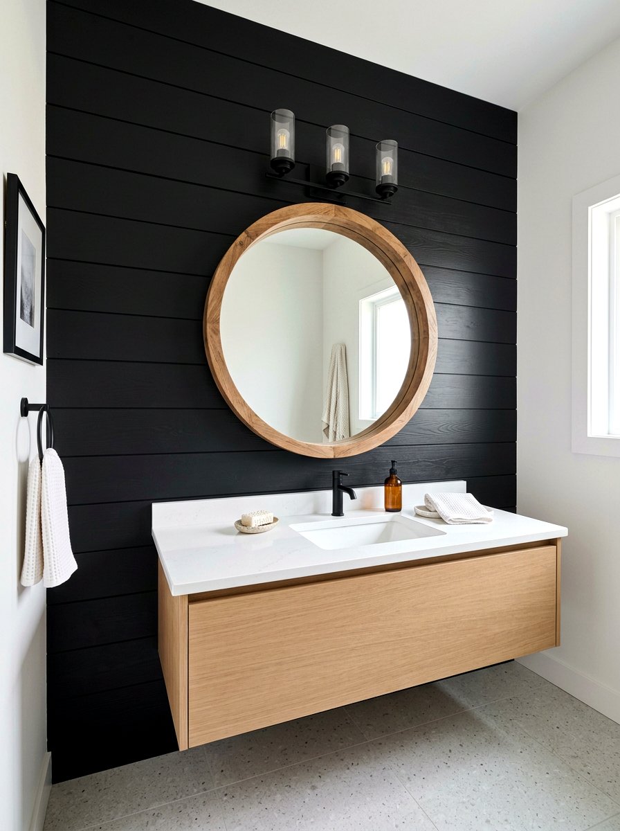 Black Shiplap Wall Wood Mirror - 30 black and wood decor ideas