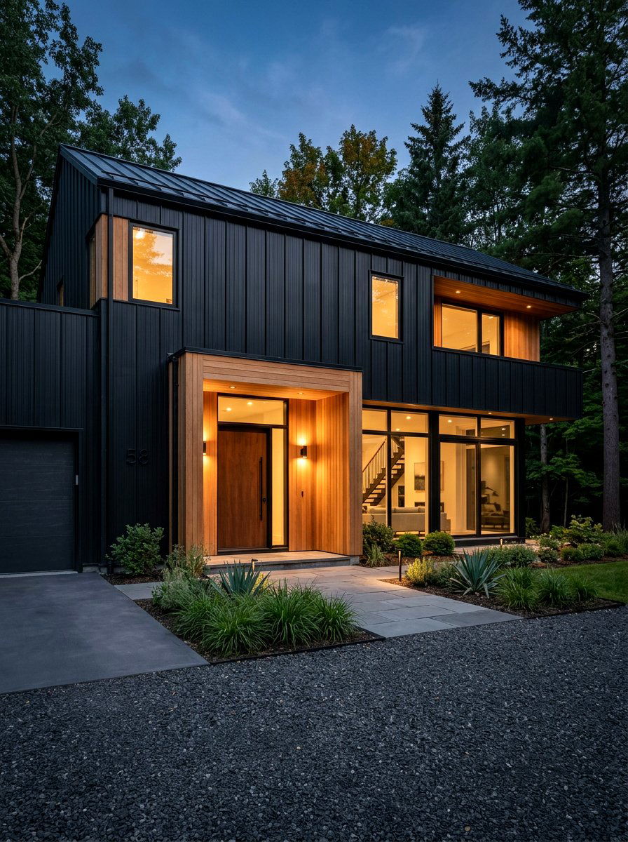 Black Siding With Wood Accents - 30 front facade makeover ideas aesthetic