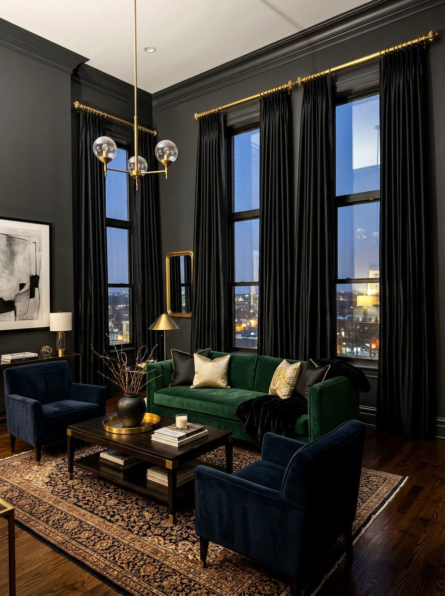 Black Silk Drapery - 30 extra celestial living room ideas